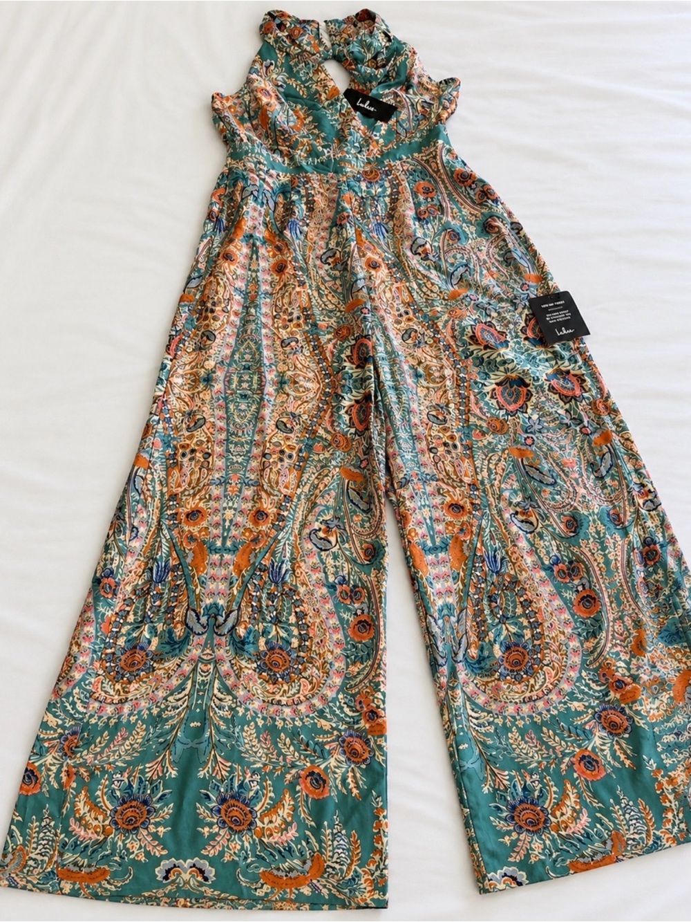 Lulus Teal Paisley Halter Wide-Leg Jumpsuit with Orange Accents